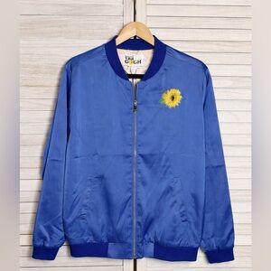 Van Gogh Blue Bomber Jacket with Sunflower Embroidery. NWT. Size Sm. Immersive